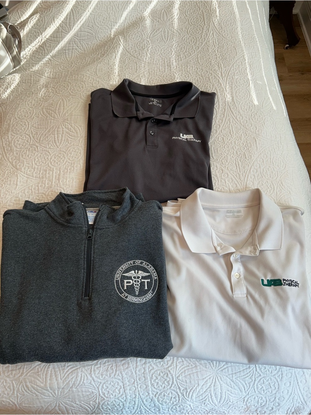 Three UAB physical therapy PT items, pullover and 2 collared tops
